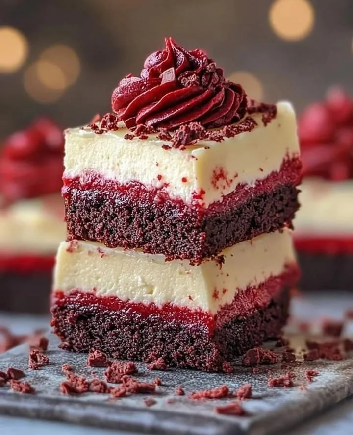 Red velvet brownie bottom mini cheesecakes on a dessert plate