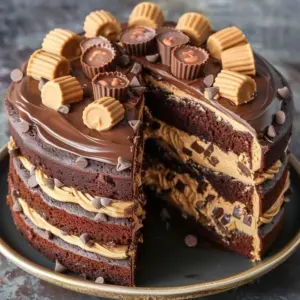 Decadent Reese's Cake topped with chocolate and peanut butter frosting