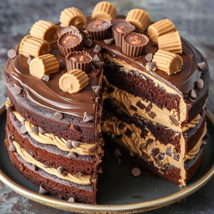 Decadent Reese's Cake topped with chocolate and peanut butter frosting