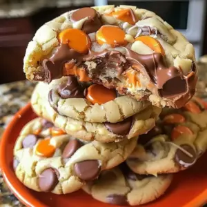 Gooey Reese's cheesecake cookies with chocolate and cream cheese filling