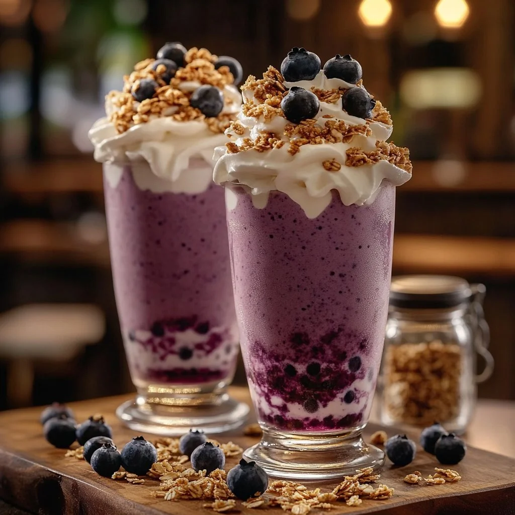 Refreshing Banana-Blueberry Frappuccino in a glass with fruit garnish