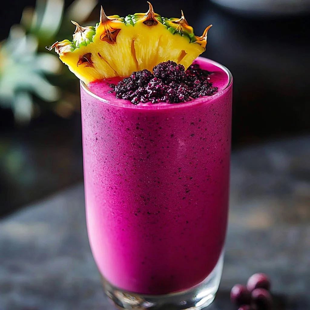 Refreshing hibiscus pineapple smoothie in a glass with tropical fruits