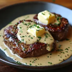 Ribeye steak with bourbon garlic cream sauce served on a plate.
