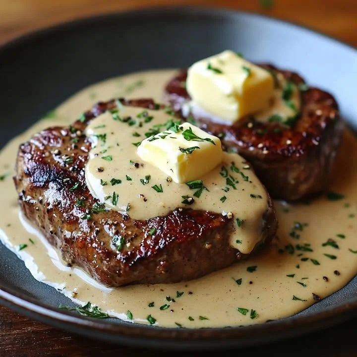 Ribeye steak with bourbon garlic cream sauce served on a plate.