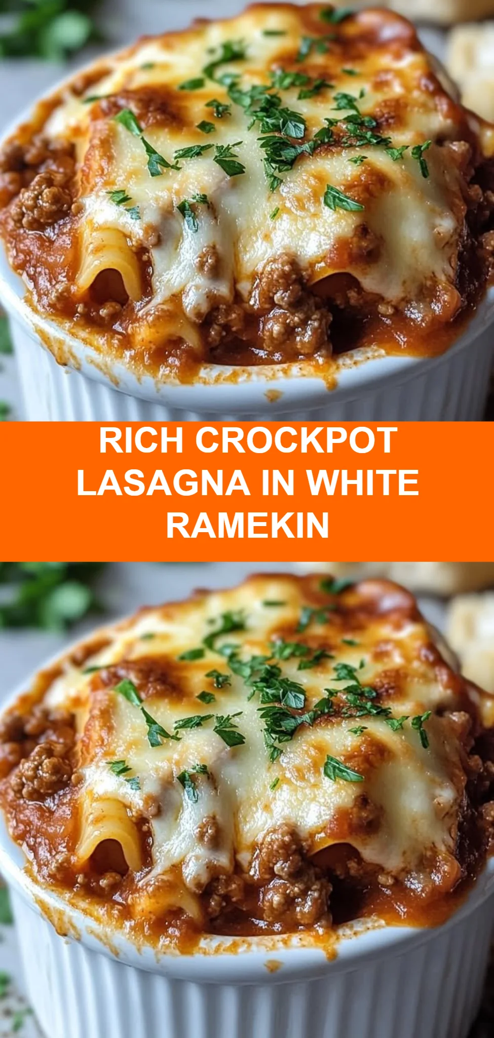 Rich Crockpot Lasagna in White Ramekin
