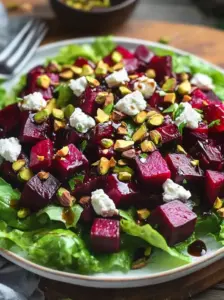 Roasted beet salad with goat cheese and pistachios garnished with fresh greens