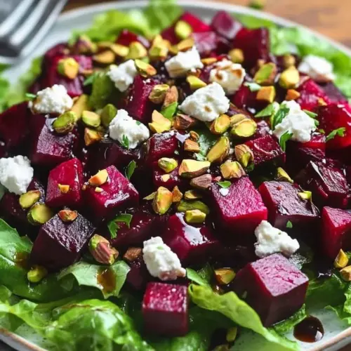 Roasted beet salad with goat cheese and pistachios garnished with fresh greens