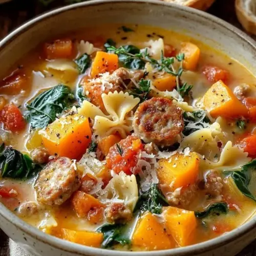Roasted butternut chicken sausage spinach soup in a bowl garnished with herbs.