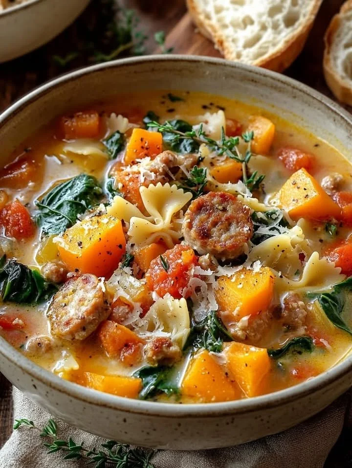 Roasted butternut chicken sausage spinach soup in a bowl garnished with herbs.