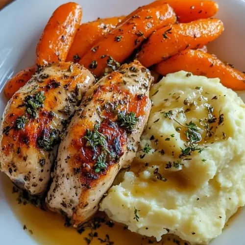 Delicious rustic garlic herb roasted chicken on a platter with herbs and spices.