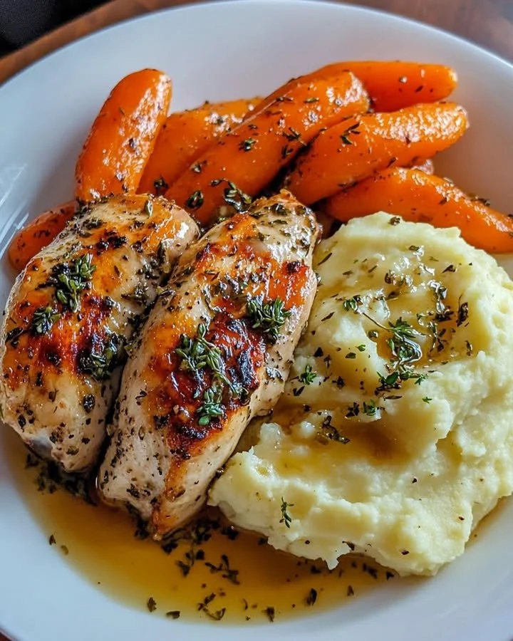 Delicious rustic garlic herb roasted chicken on a platter with herbs and spices.