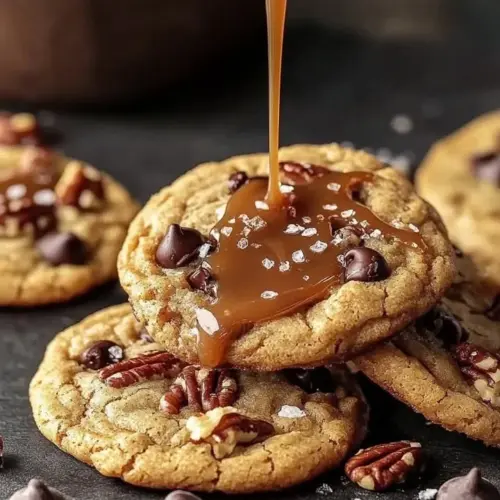 Salted caramel pecan chocolate cookies on a plate with a drizzle of caramel.