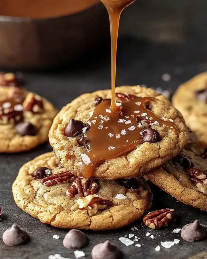 Salted caramel pecan chocolate cookies on a plate with a drizzle of caramel.