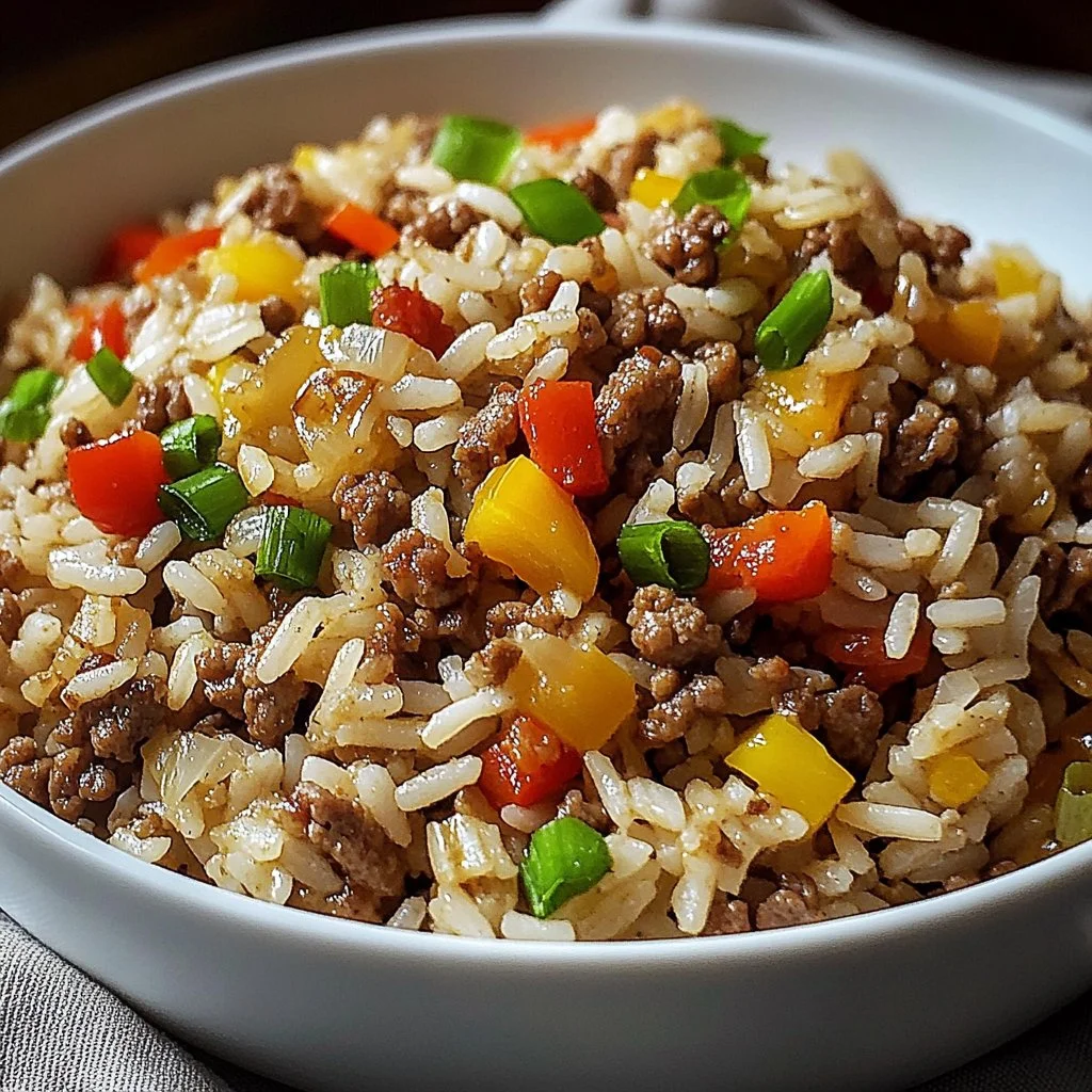 Plate of savory beef dirty rice garnished with herbs