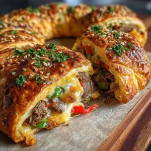 Savory Cheesy Steak Crescent Ring ready to serve, topped with melted cheese.