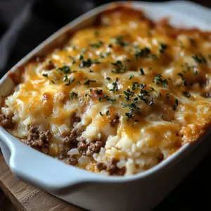 Savory French onion beef casserole topped with melted cheese and caramelized onions.