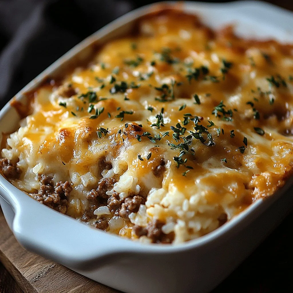 Savory French onion beef casserole topped with melted cheese and caramelized onions.