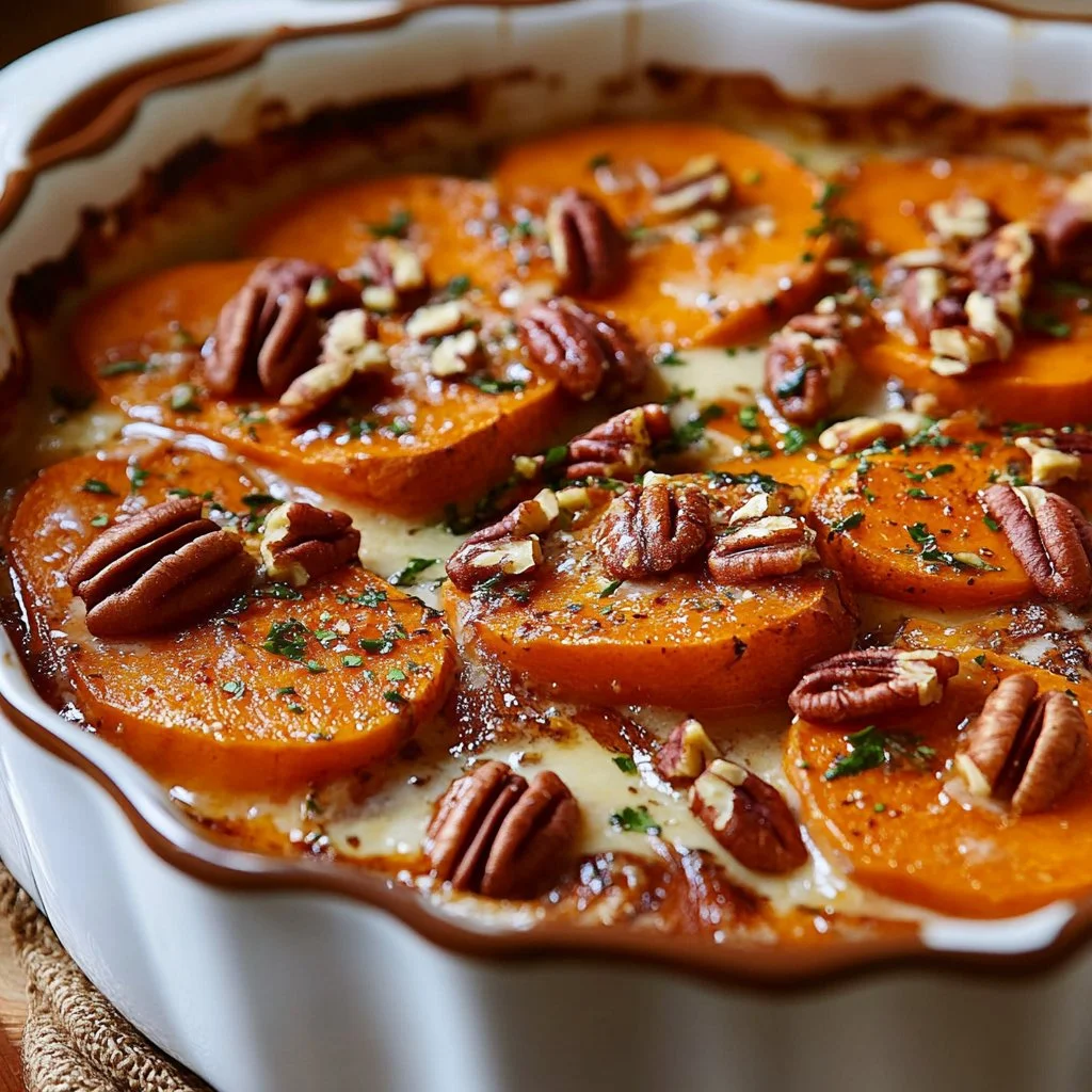 Baked scalloped sweet potatoes with marshmallows on a serving dish