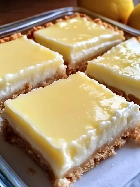 Deliciously silky lemon squares served on a white plate with a dusting of powdered sugar.