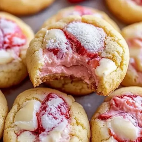 Silky strawberry cheesecake cookies on a plate with fresh strawberries