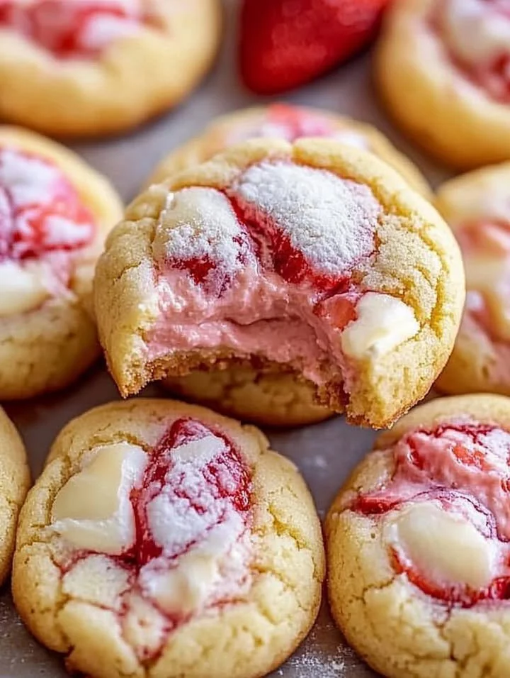 Silky strawberry cheesecake cookies on a plate with fresh strawberries