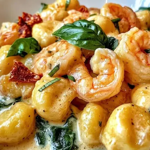 Delicious plate of Silky Tuscan Shrimp Gnocchi served with fresh herbs and garnish.