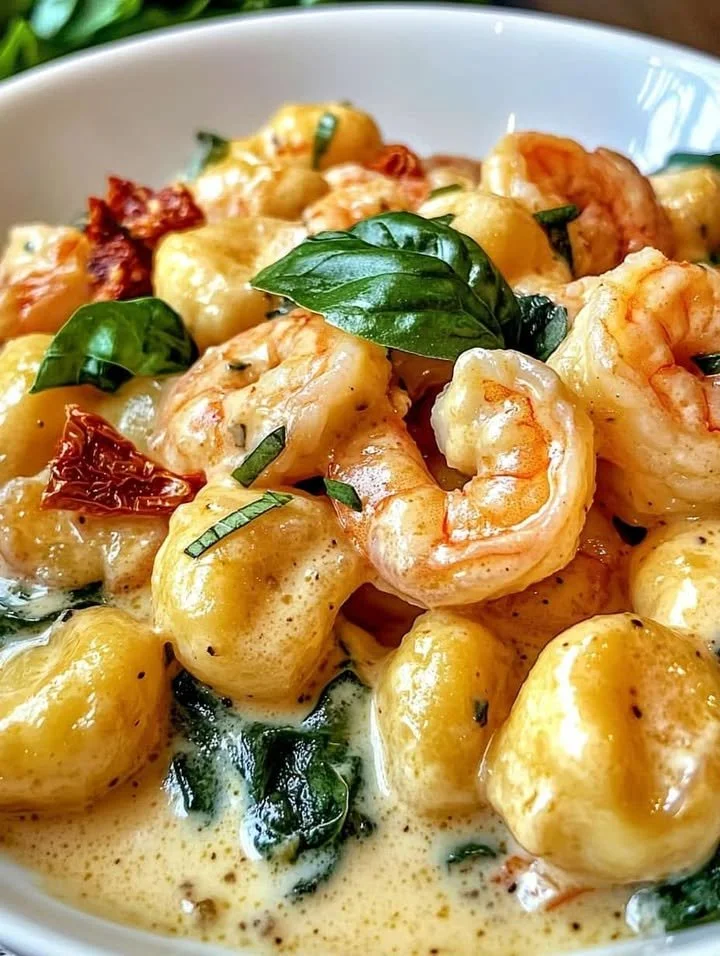 Delicious plate of Silky Tuscan Shrimp Gnocchi served with fresh herbs and garnish.