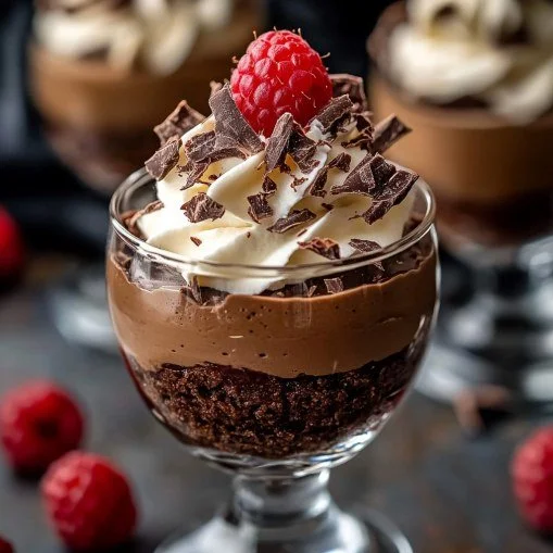 Silky whipped chocolate cheesecake parfaits in glass dishes with chocolate shavings