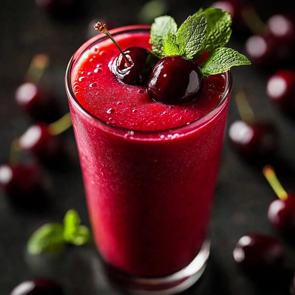 Simple cherry smoothie with fresh cherries and yogurt in a glass