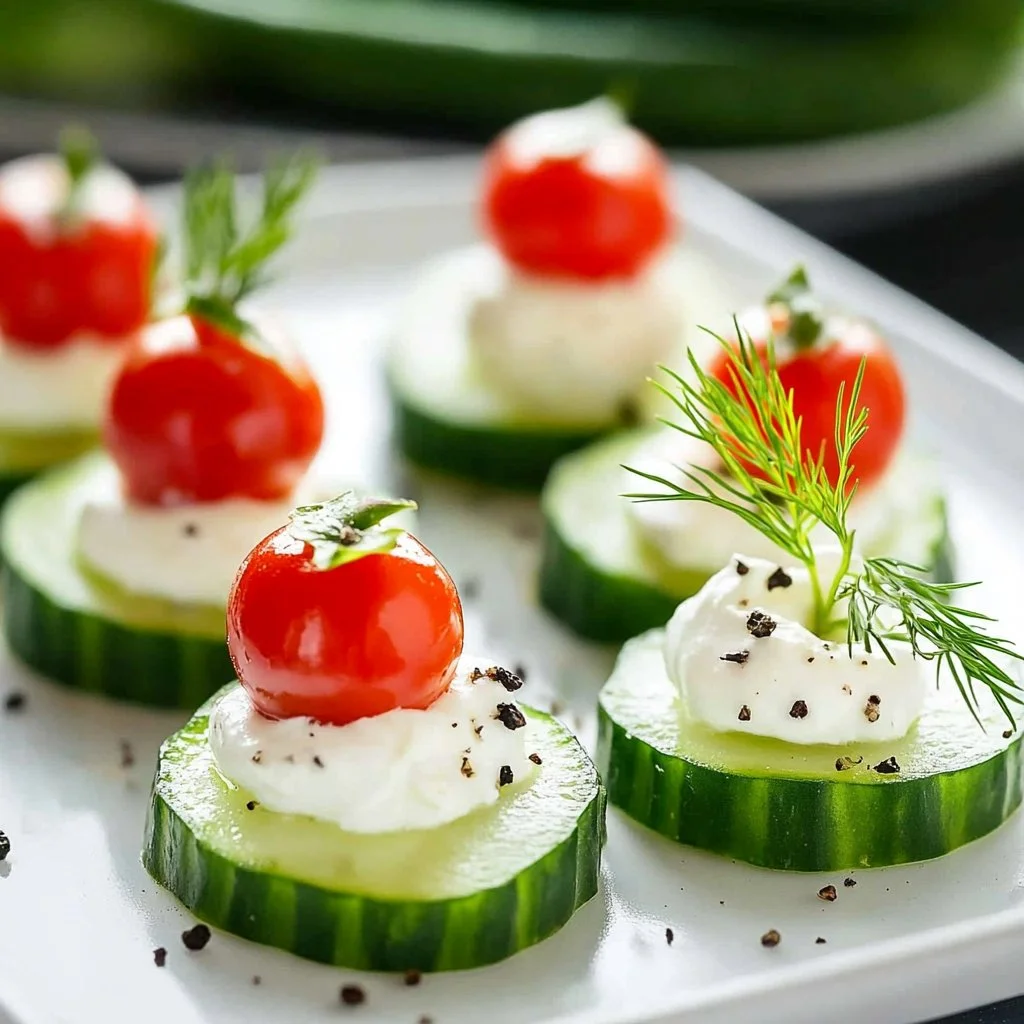 Plate of simple cucumber bites for parties with fresh ingredients
