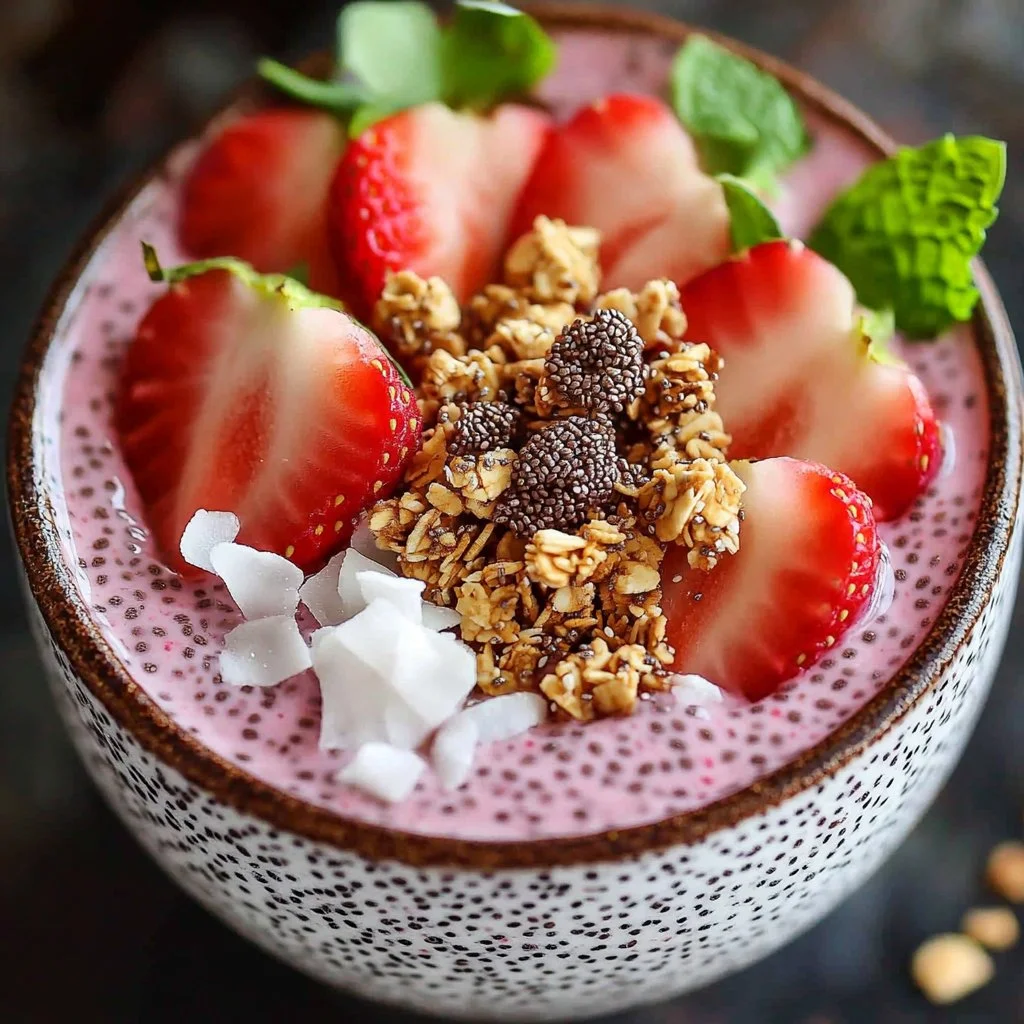 Bowl of simple strawberry chia pudding topped with fresh strawberries.