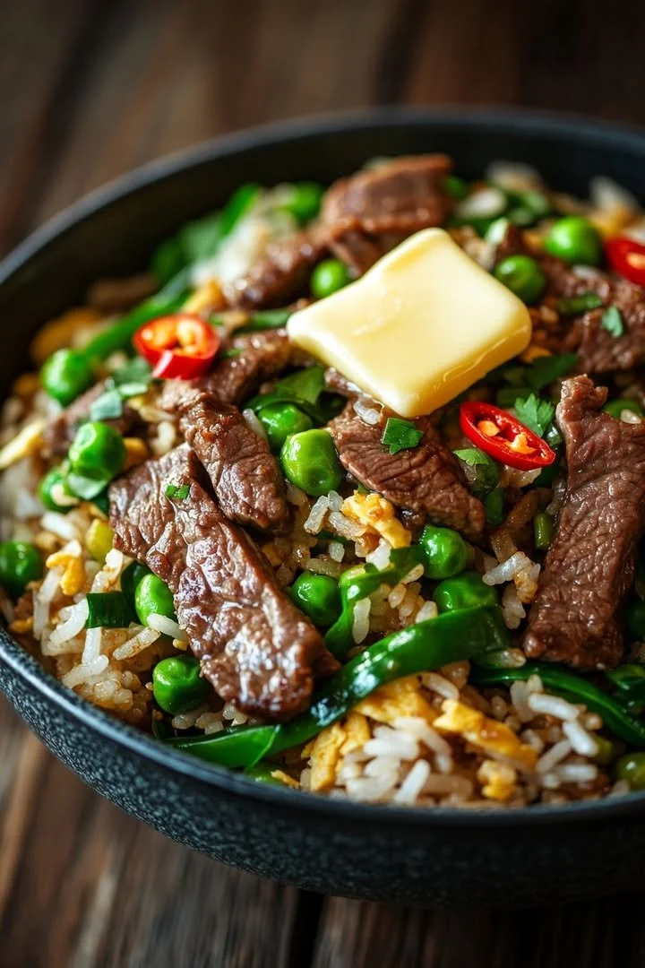 Sizzling beef and pea fried rice served in a bowl