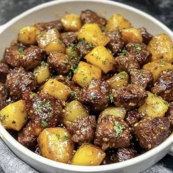 Skillet garlic butter steak served with golden roasted potatoes on a plate.