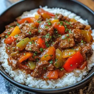A bowl of slow cooked pepper steak served over rice, garnished with bell peppers.