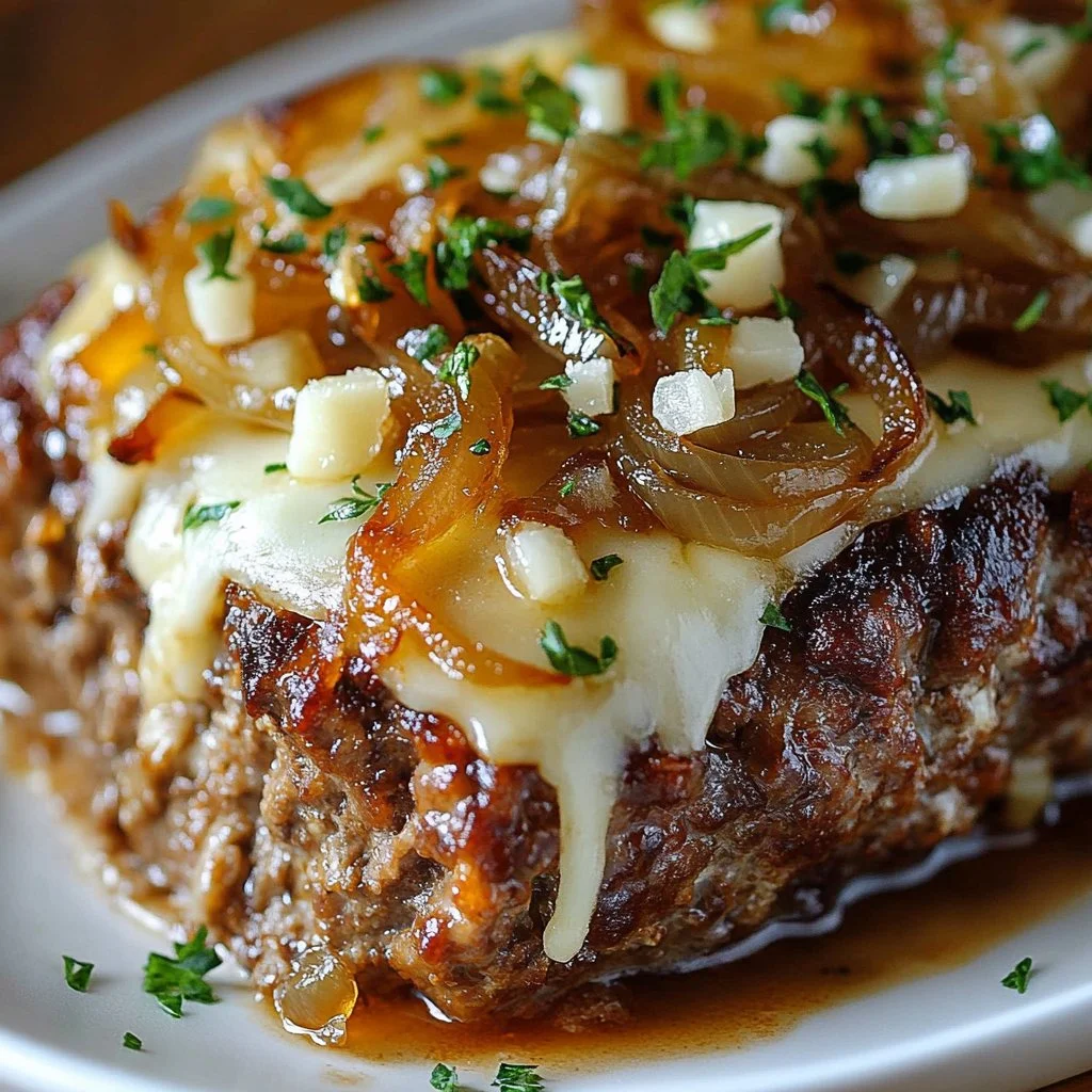Delicious slow cooker French onion beefloaf served with melted cheese.