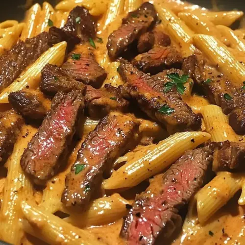 Spicy honey buffalo steak pasta casserole dish served in a ceramic bowl.