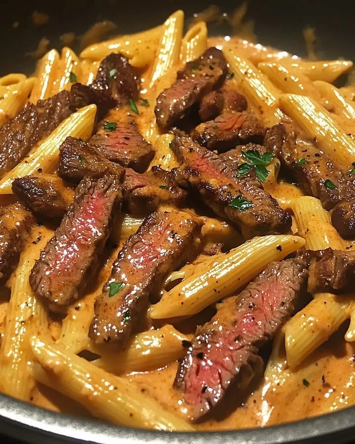 Spicy honey buffalo steak pasta casserole dish served in a ceramic bowl.