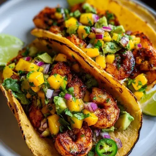 Spicy shrimp tacos topped with fresh mango slices on a plate.
