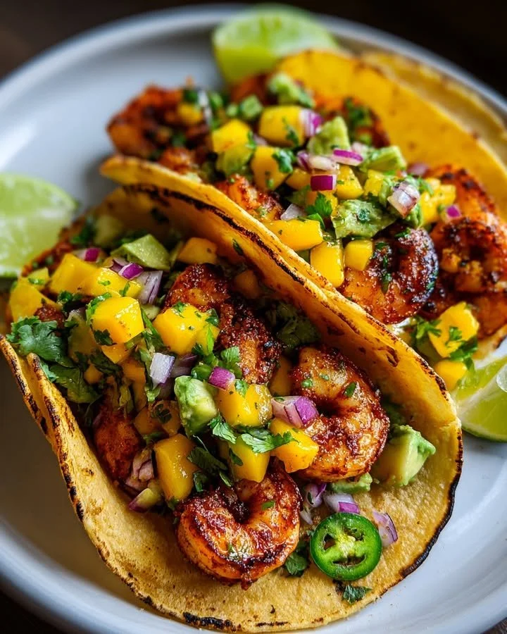 Spicy shrimp tacos topped with fresh mango slices on a plate.