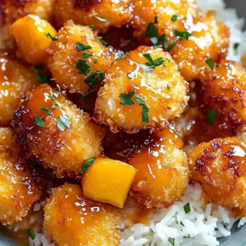 Sticky peach-glazed coconut chicken bites served on a plate