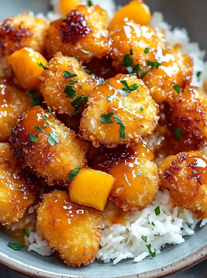 Sticky peach-glazed coconut chicken bites served on a plate