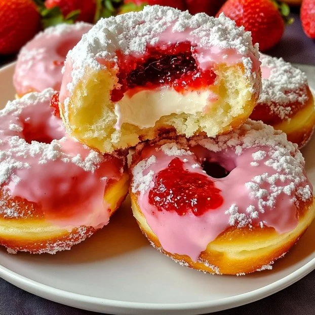 Strawberry cheesecake filled donut topped with fresh strawberries and drizzled cream