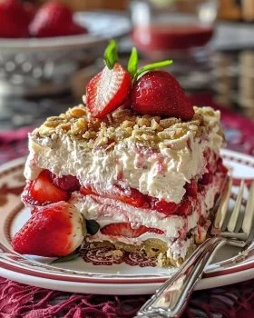 Delicious no-bake strawberry cheesecake lasagna served in a glass dish