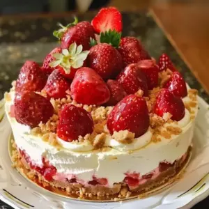 Delicious slice of Strawberry Cheesecake topped with fresh strawberries and cream.