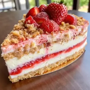 Delicious strawberry crunch cheesecake topped with strawberry pieces and crumbs