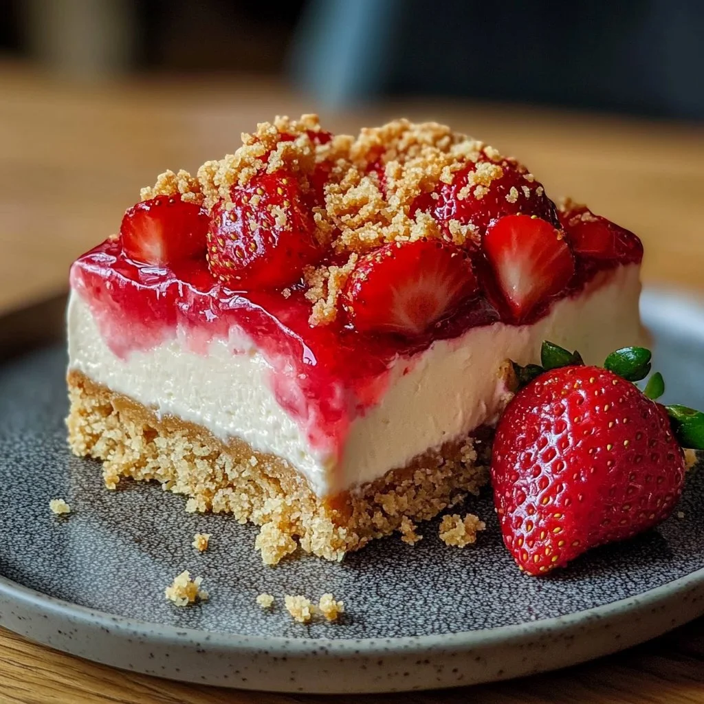 Slice of Strawberry Crunch Cheesecake with fresh strawberries and crunchy topping