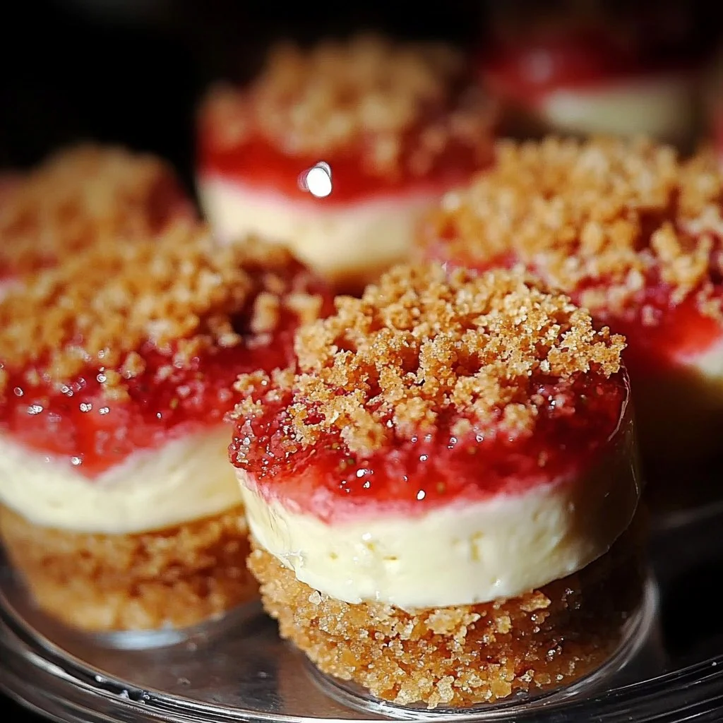 Strawberry crunch cheesecake bites served on a plate, garnished with strawberries.