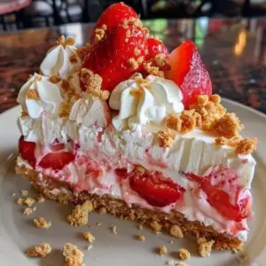 Delicious Strawberry Crunch Cheesecake served on a white plate