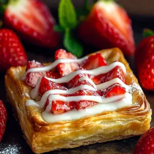 Freshly baked Strawberry Danish topped with a zesty lemon glaze.