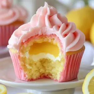 Delicious strawberry lemonade cupcake topped with frosting and lemon slices